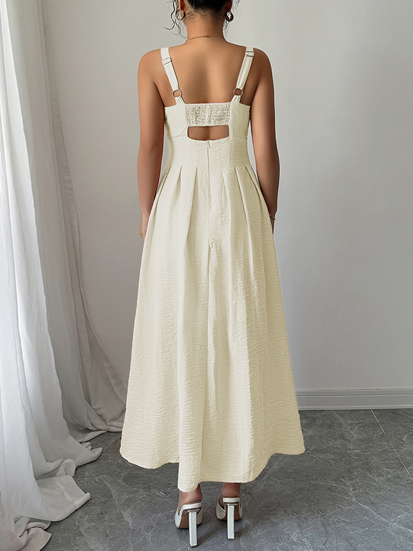 A-line High Waisted Backless Hollow Pleated Solid Color Zipper Spaghetti-Neck Midi Dresses
