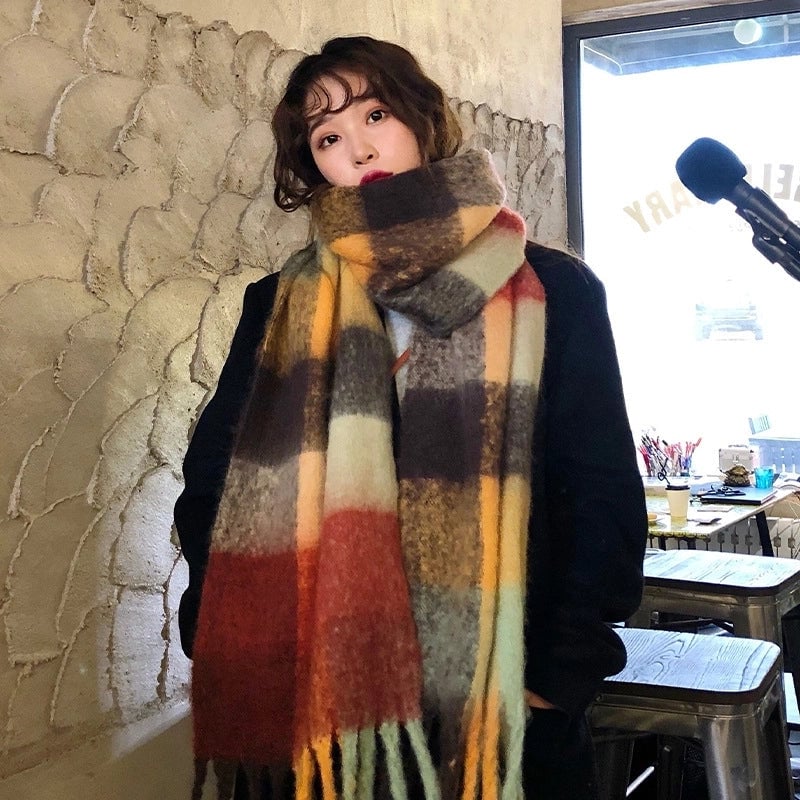 Brown Striped Scarf Women's Autumn And Winter  Trendy Winter Warm Imitation Cashmere Windproof Scarf For Students