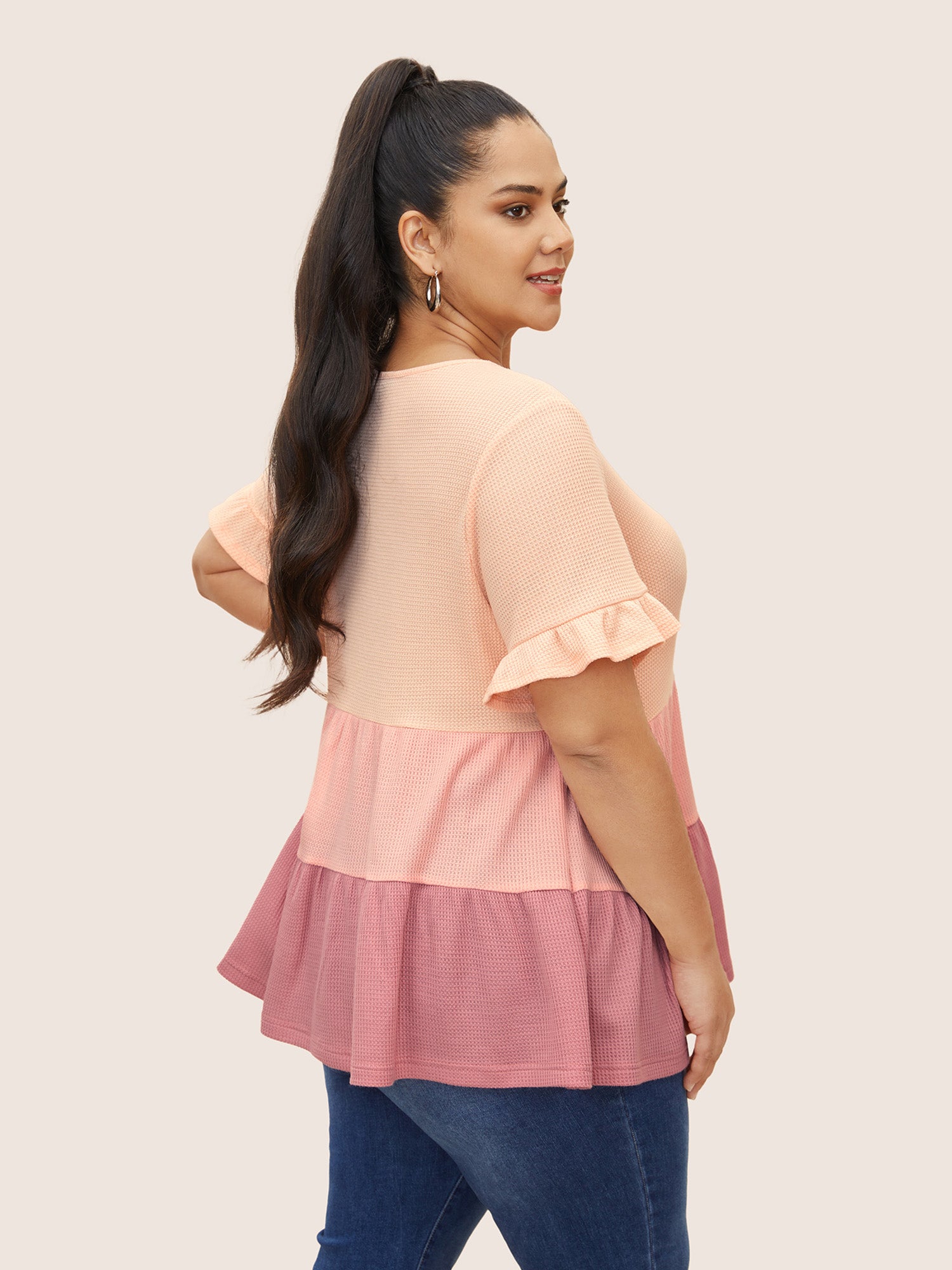 Waffle Knit Contrast Ruffle Layered Hem T-shirt