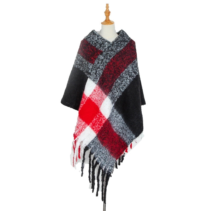 Hot Style New Autumn And Winter Women's Shawl Thick Tassel Loop Yarn Large Plaid Cloak