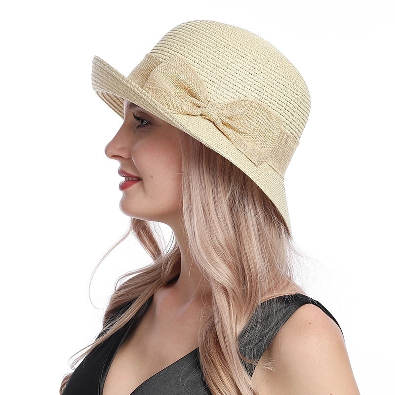 Women's Casual Retro Solid Color Bowknot Crimping Straw Hat