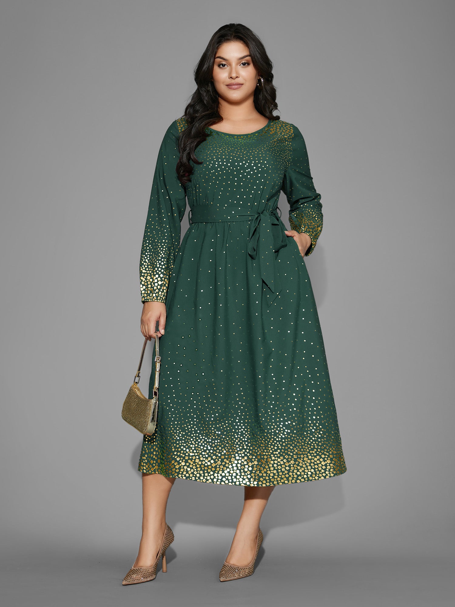 Glitter Round Neck Belted Lantern Sleeve Dress