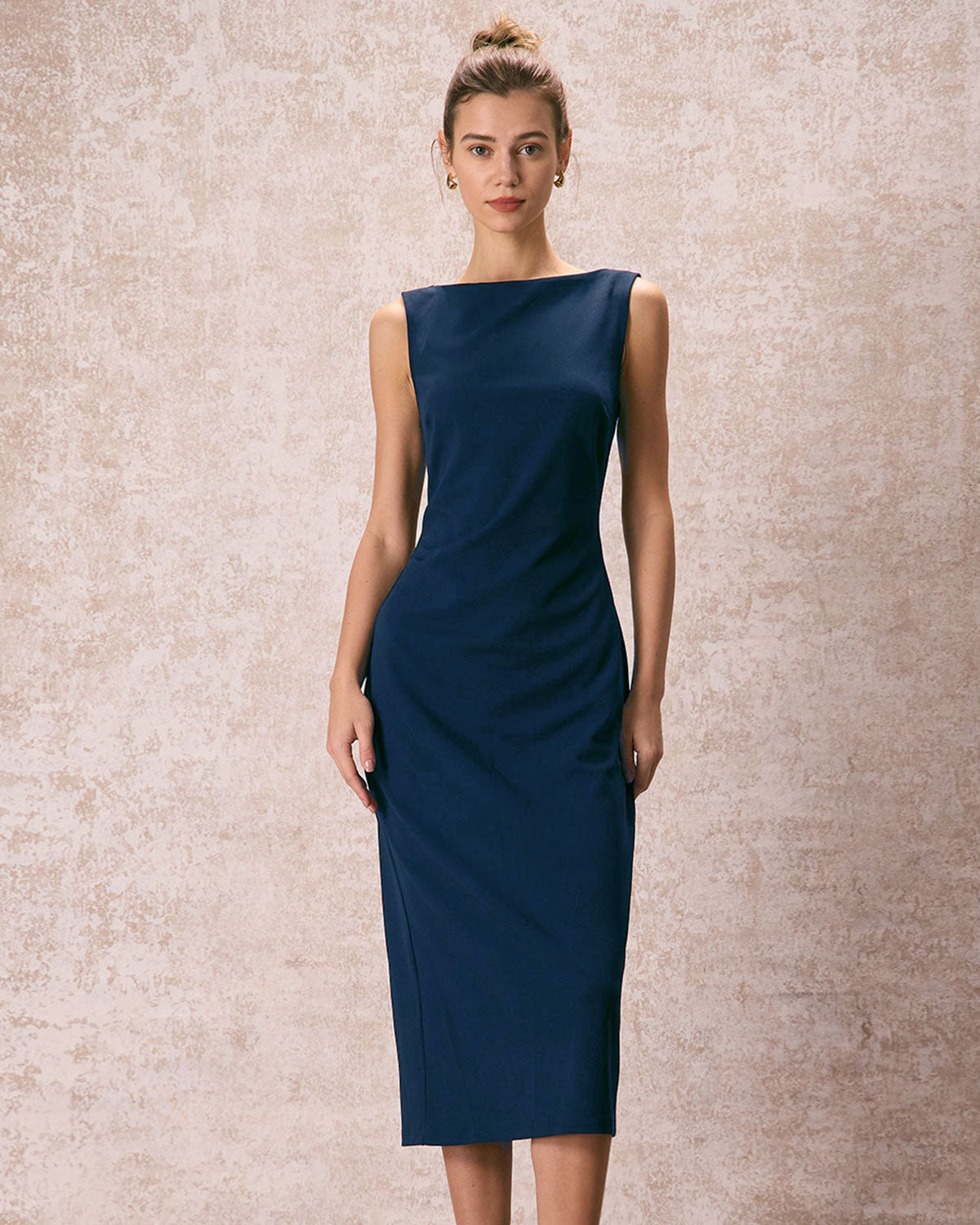 The Navy Boat Neck Ruched Midi Dress