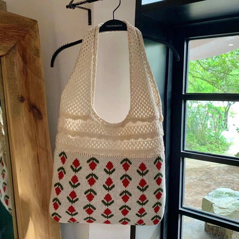 Women's Medium Knit Flower Vintage Style Weave Open Shoulder Bag