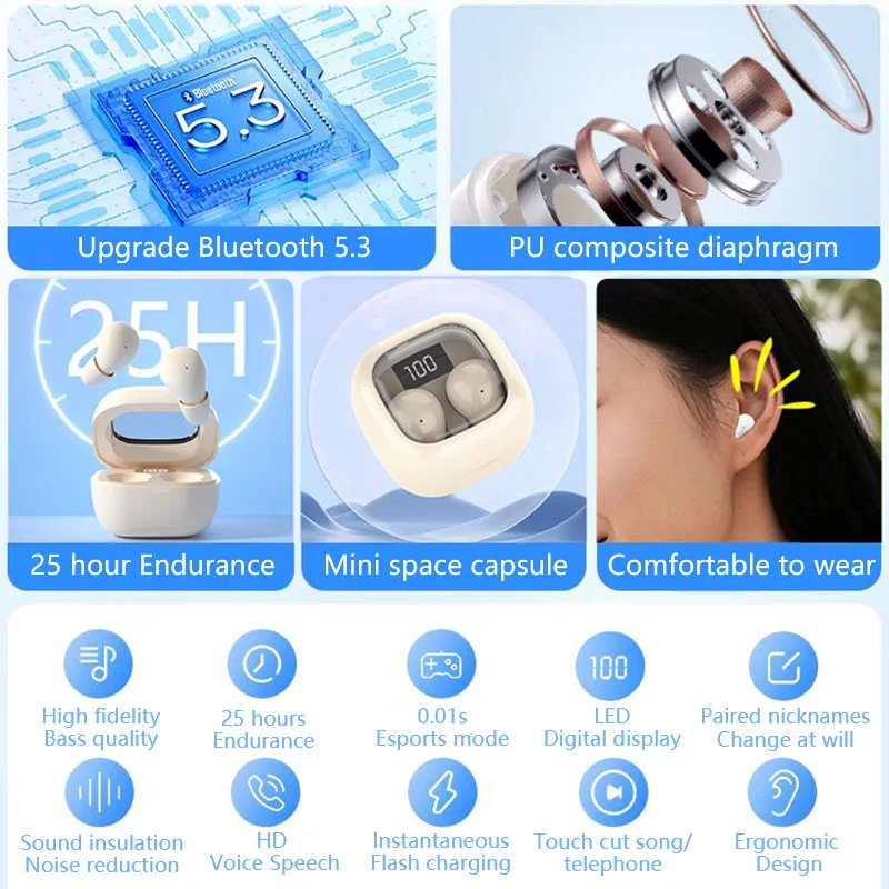New Small Headphones Wireless Bluetooth Headset Sports Sleeping Invisible Earbuds Noise Reduction HD Bass Sound Quality Earphones