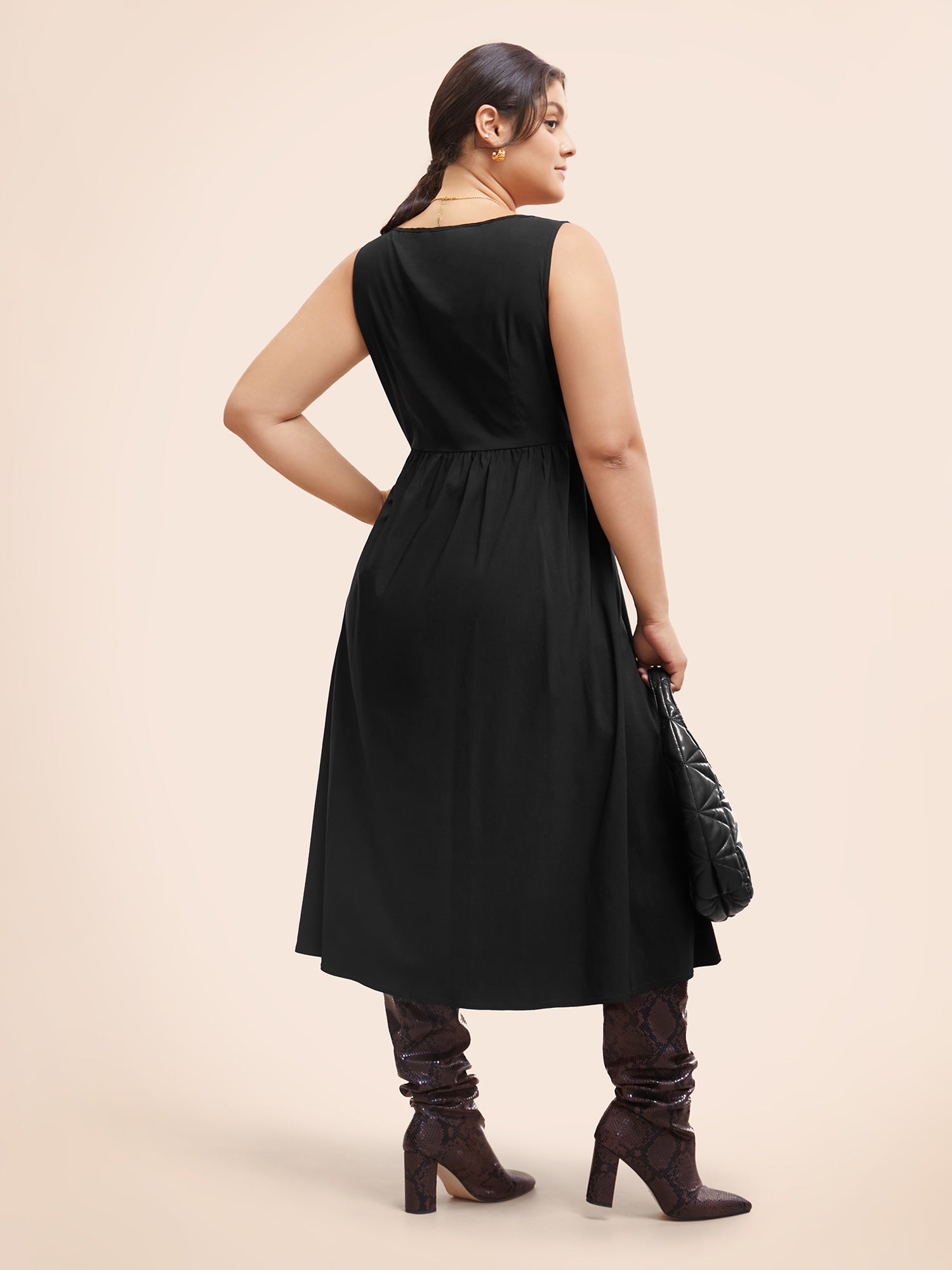 Stretch Woven Blend Multiple Splicing Midi Dress