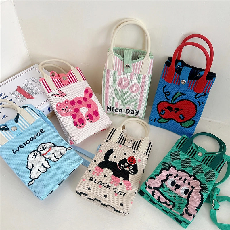 Women's Small Knit Cat Vintage Style Classic Style Bucket Buckle Handbag