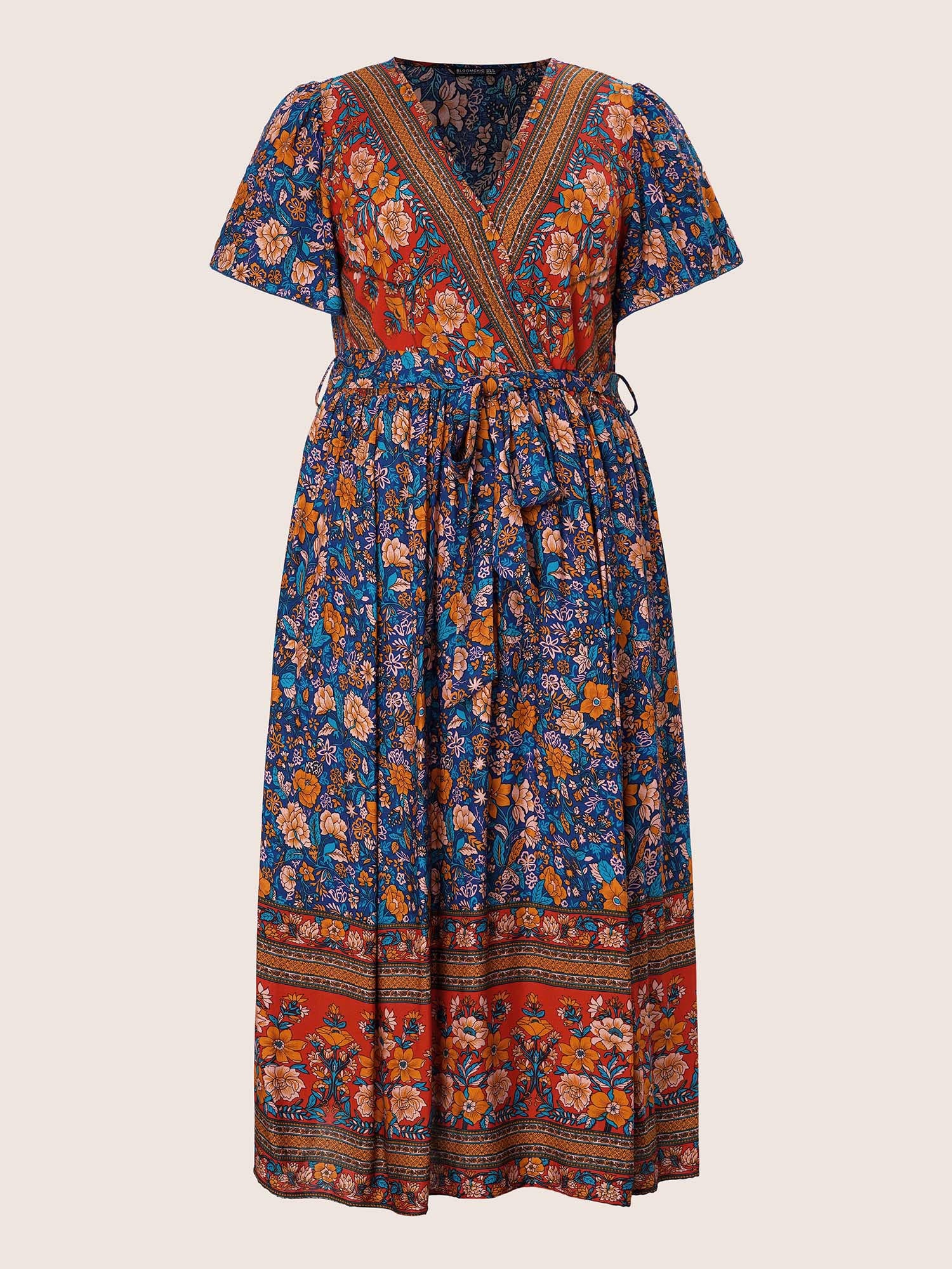 Bandana Surplice Neck Pocket Belted Flutter Hem Maxi Dress