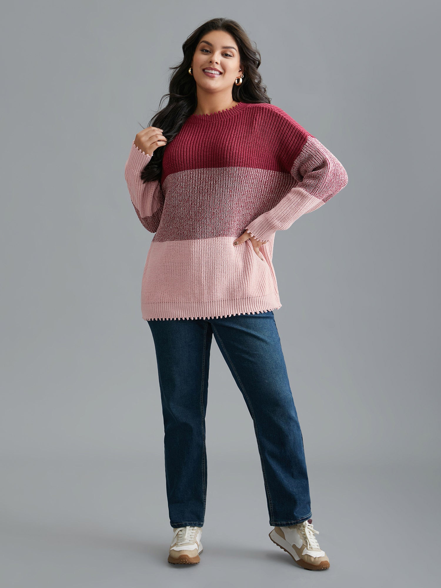 Color Block Texture Round Neck Pullover
