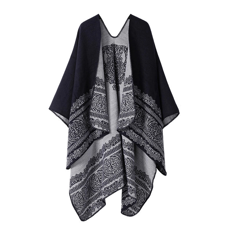 Winter Cashmere Double-sided Plaid Shawl Women's Outer Cape Increased Thickness Warm Knitted Scarf Spot