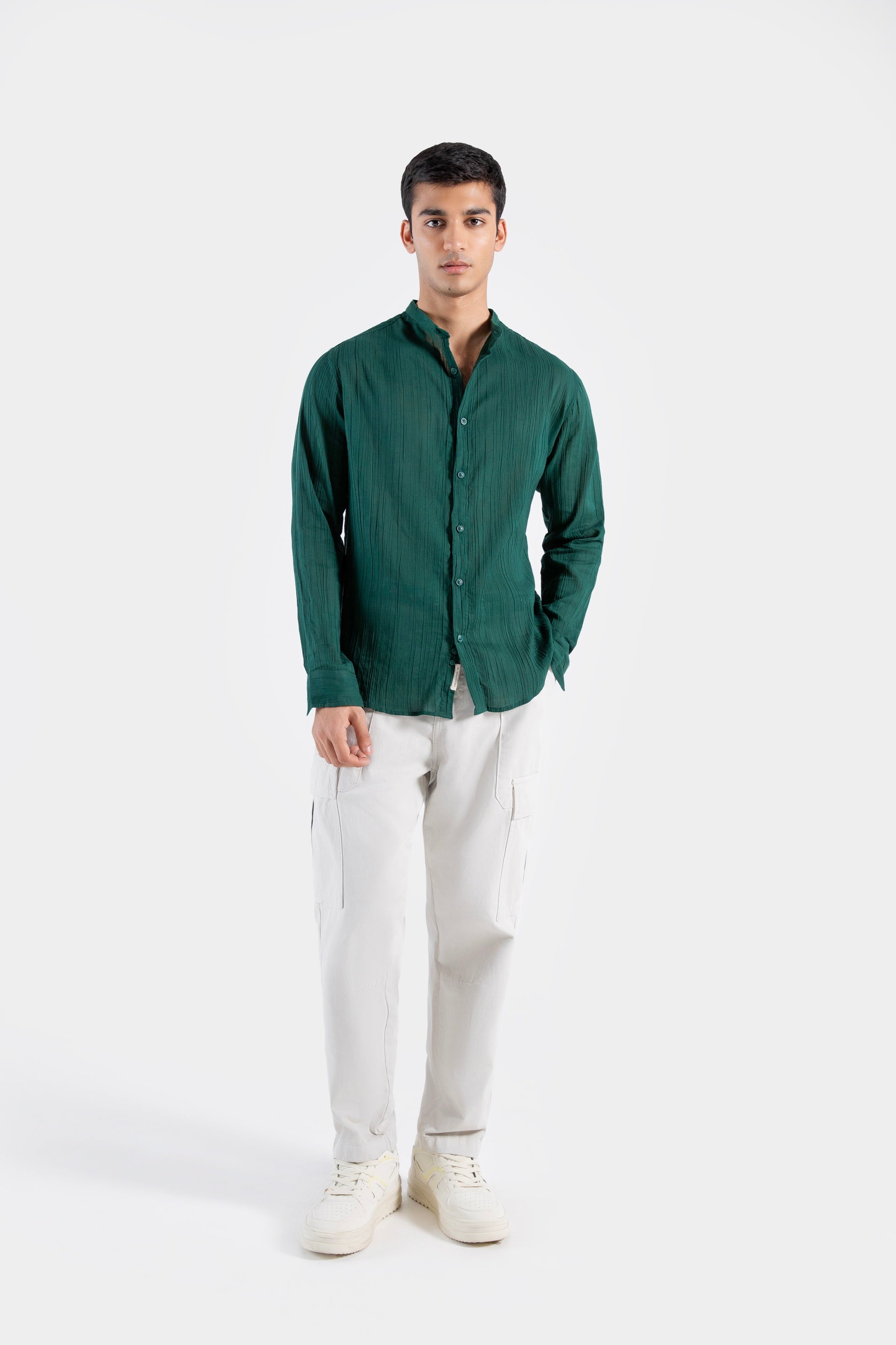 Creased Effect Mandarin Collar Shirt