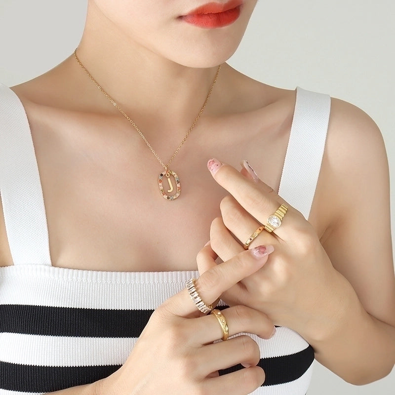 INS Style Letter Oval Titanium Steel Zircon 18K Gold Plated Inlay Necklace