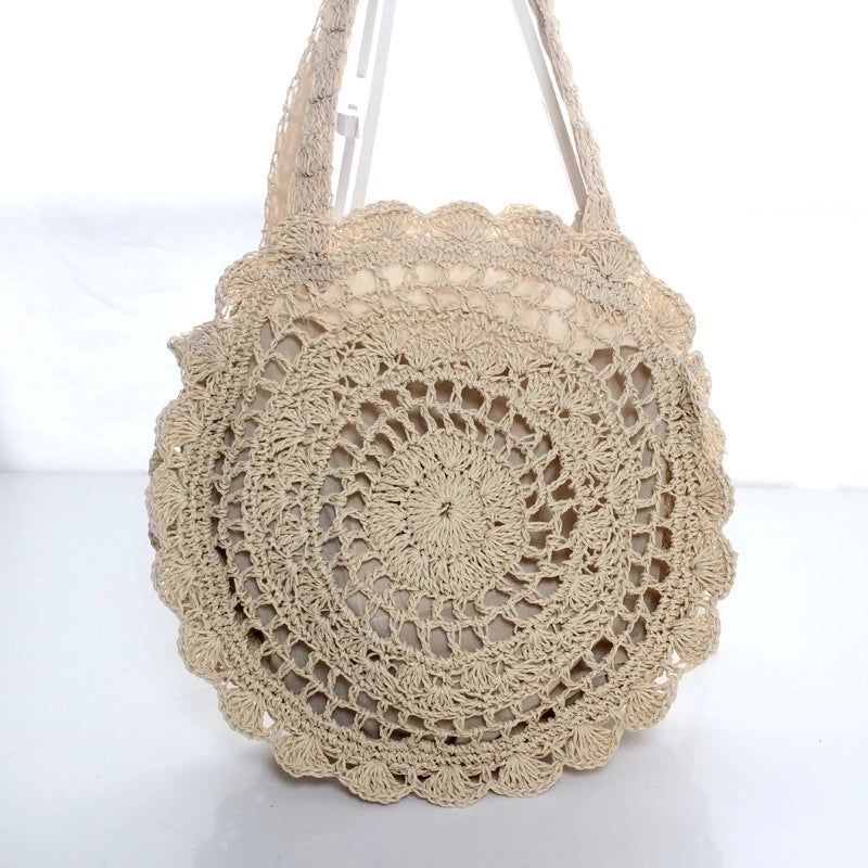 Women's Medium Crafted Paper Rope Solid Color Beach Weave Hollow Round Zipper Straw Bag