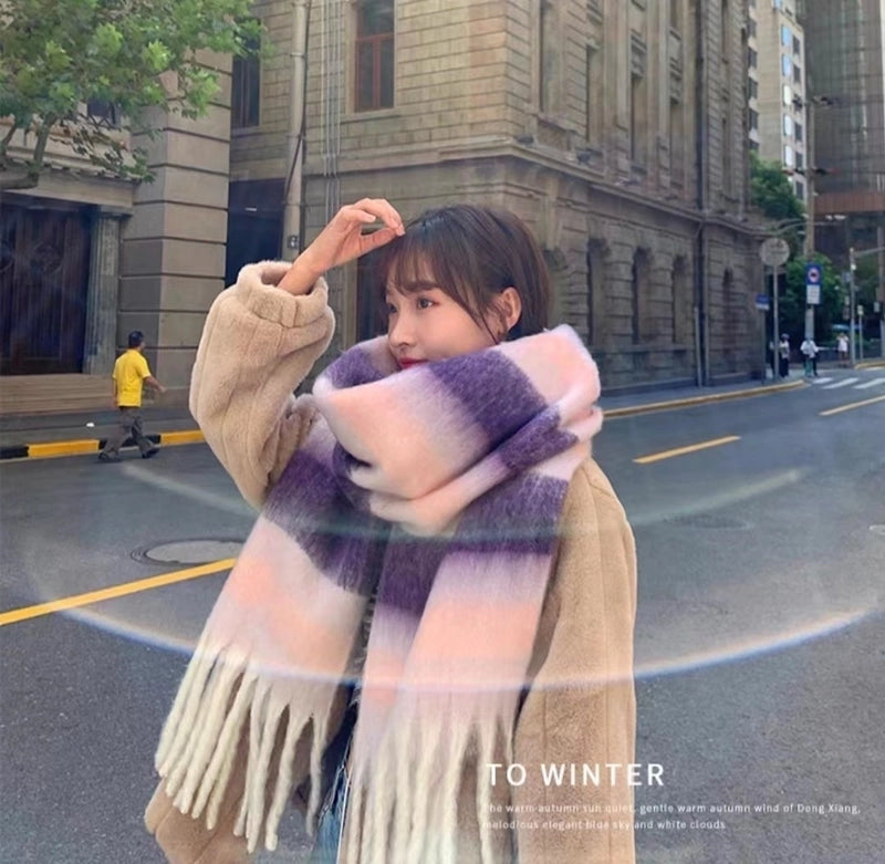 Brown Striped Scarf Women's Autumn And Winter  Trendy Winter Warm Imitation Cashmere Windproof Scarf For Students