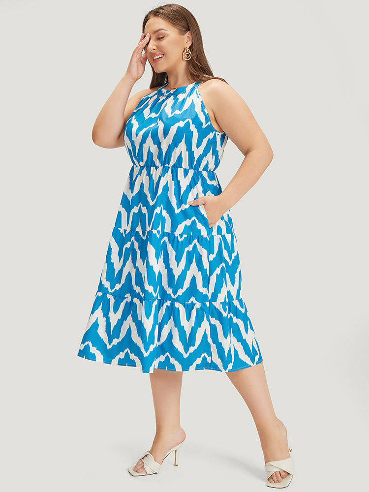 Geometric Print Halter Pocket Ruffle Tiered Dress