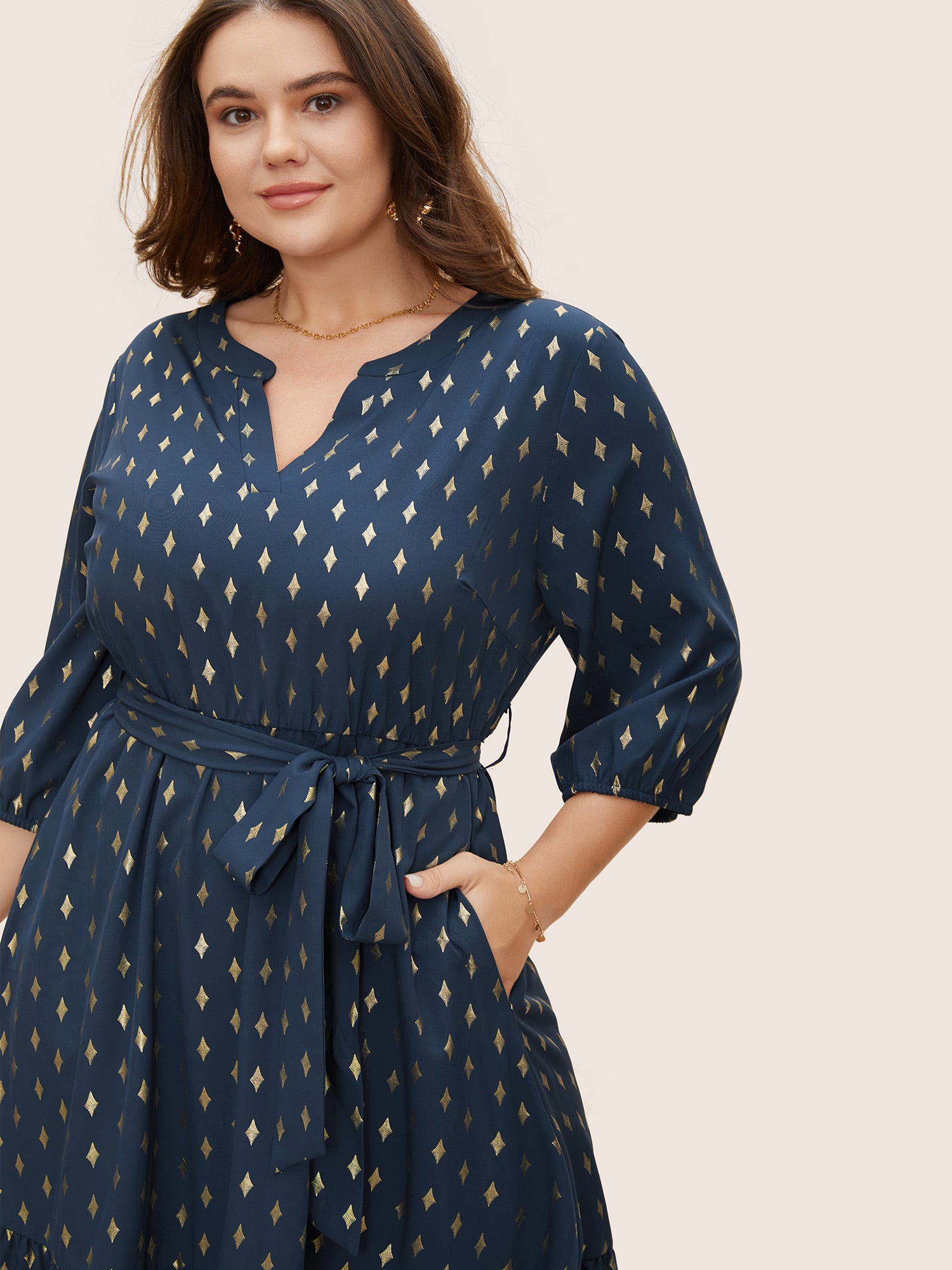 Glitter Notched Lantern Sleeve Midi Dress