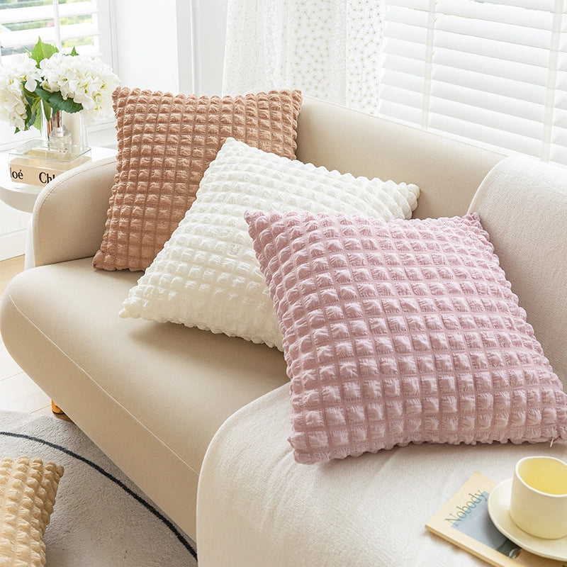 Cream Style Pillow Home Sofa Cushion Simple Solid Color Elastic Puff Plaid Pillow Case Bedside Pillow