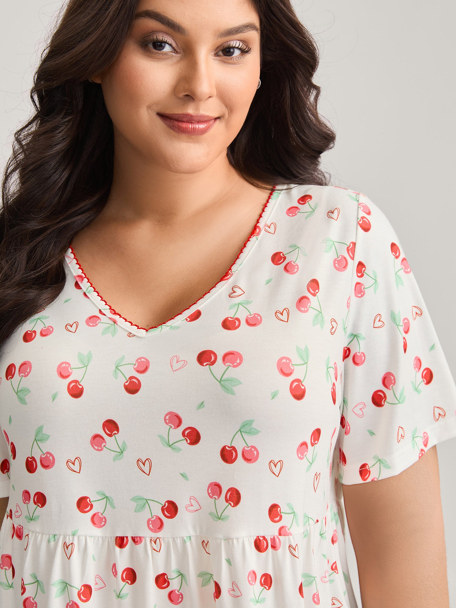Cherry Print Embroidered V-Neck Top