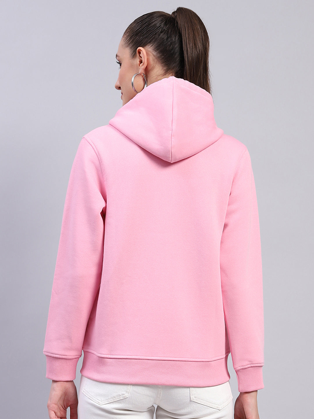 Women Pink Solid Hooded Full Sleeve Sweatshirt