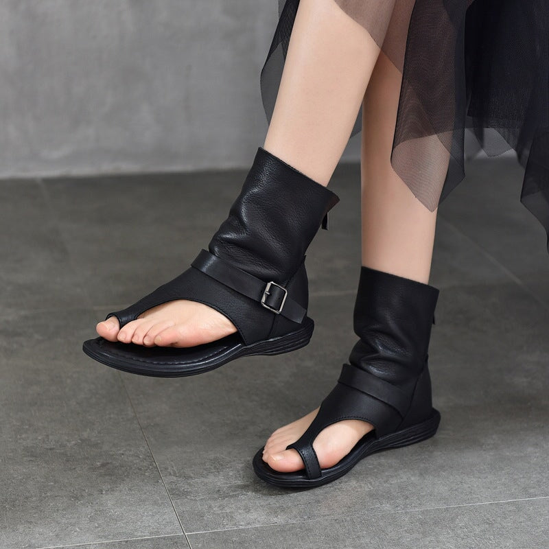 Leather Gladiator Toe Ring Flat Sandals Summer Roman Ankle Boots with Buckle & Back Zipper in Coffee/Black