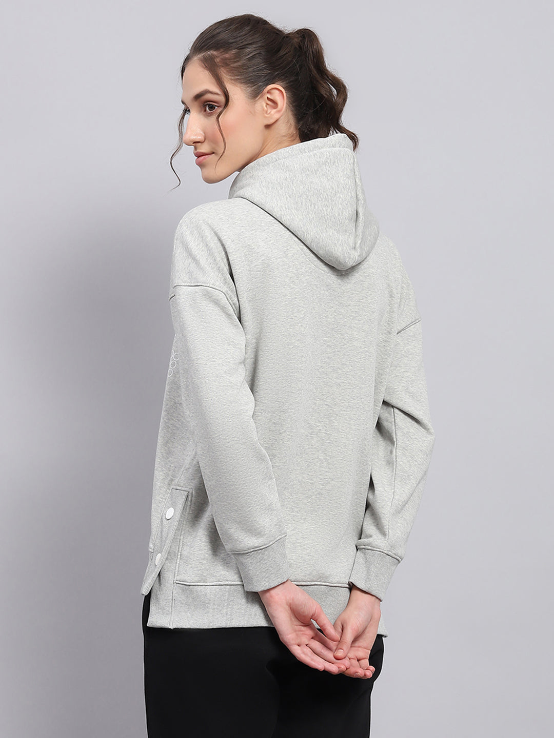 Women Grey Printed Hooded Full Sleeve Sweatshirt