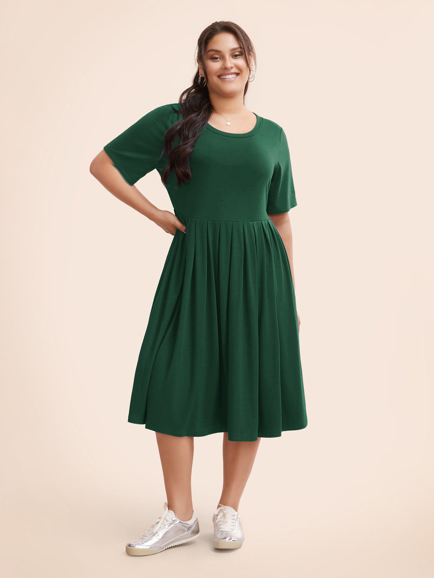 Supersoft Essentials Solid Pleated Round Neck Midi Dress