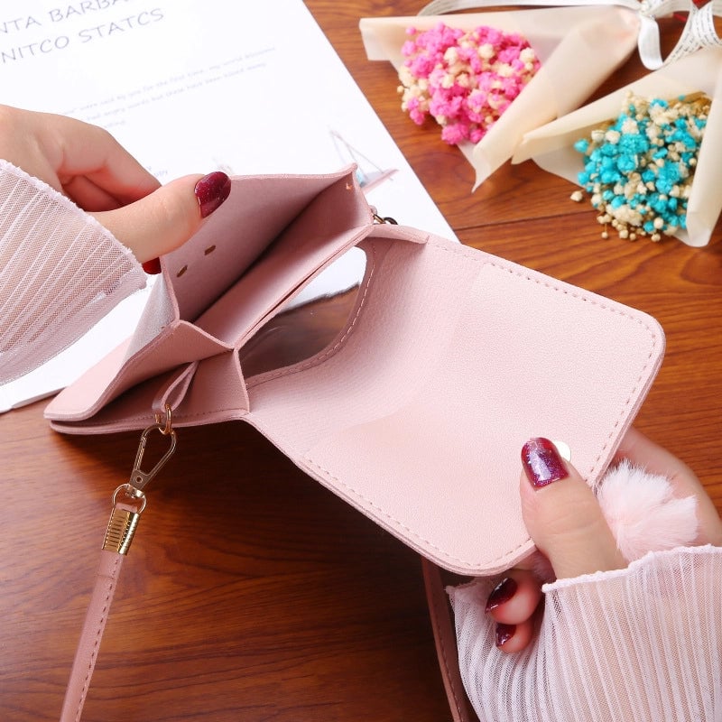Women's All Seasons Pu Leather Cartoon Fashion Fluff Ball Square Magnetic Buckle Phone Wallet