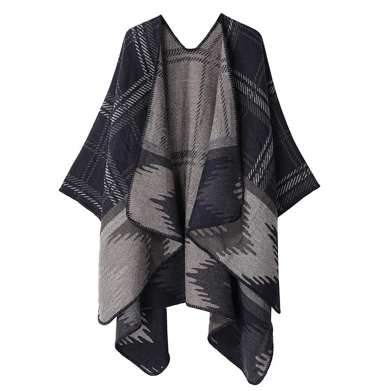 Winter Cashmere Double-sided Plaid Shawl Women's Outer Cape Increased Thickness Warm Knitted Scarf Spot
