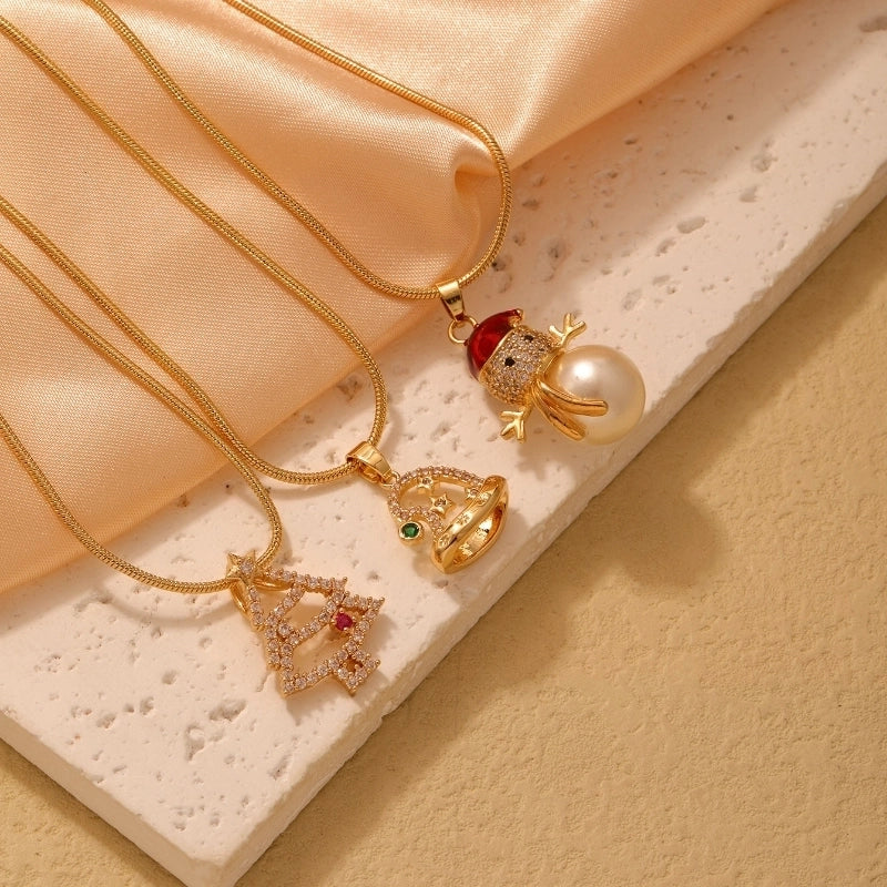 Stainless Steel Copper Plating Inlay Christmas Hat Christmas Tree Snowman Freshwater Pearl Zircon Pendant Necklace