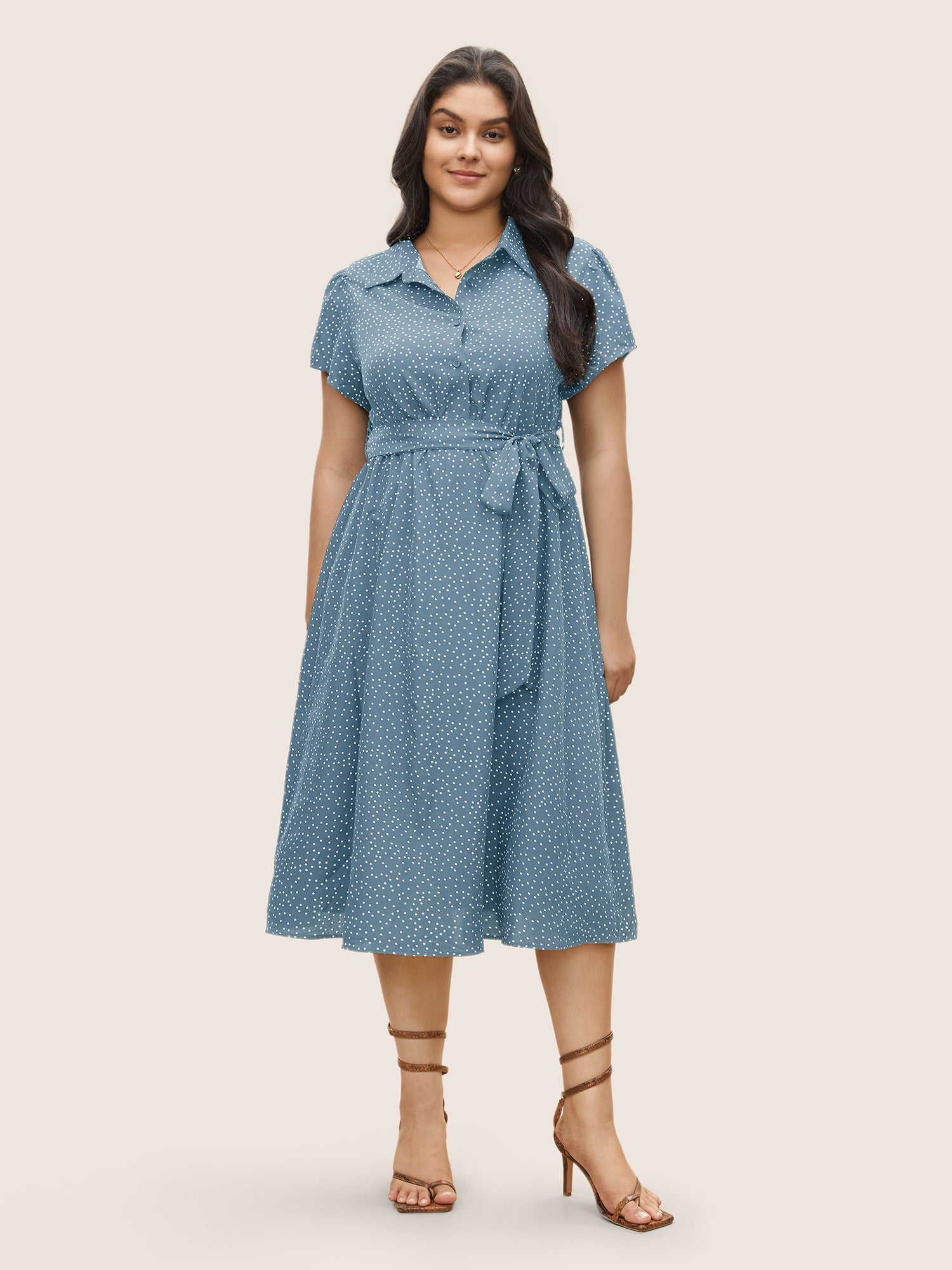 Polka Dot Shirt Collar Pocket Button Up Dress