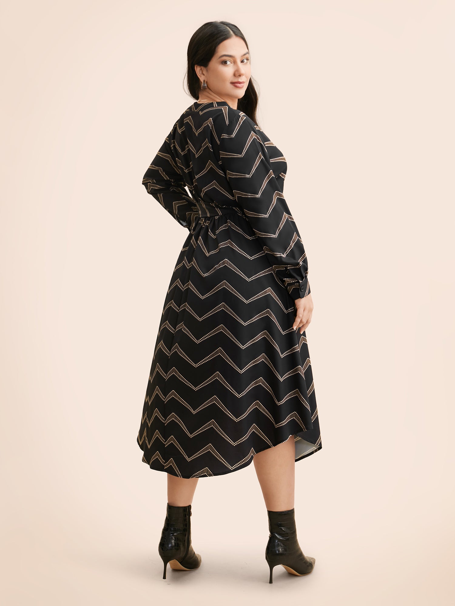 Geometric Notched Belted Midi Dress