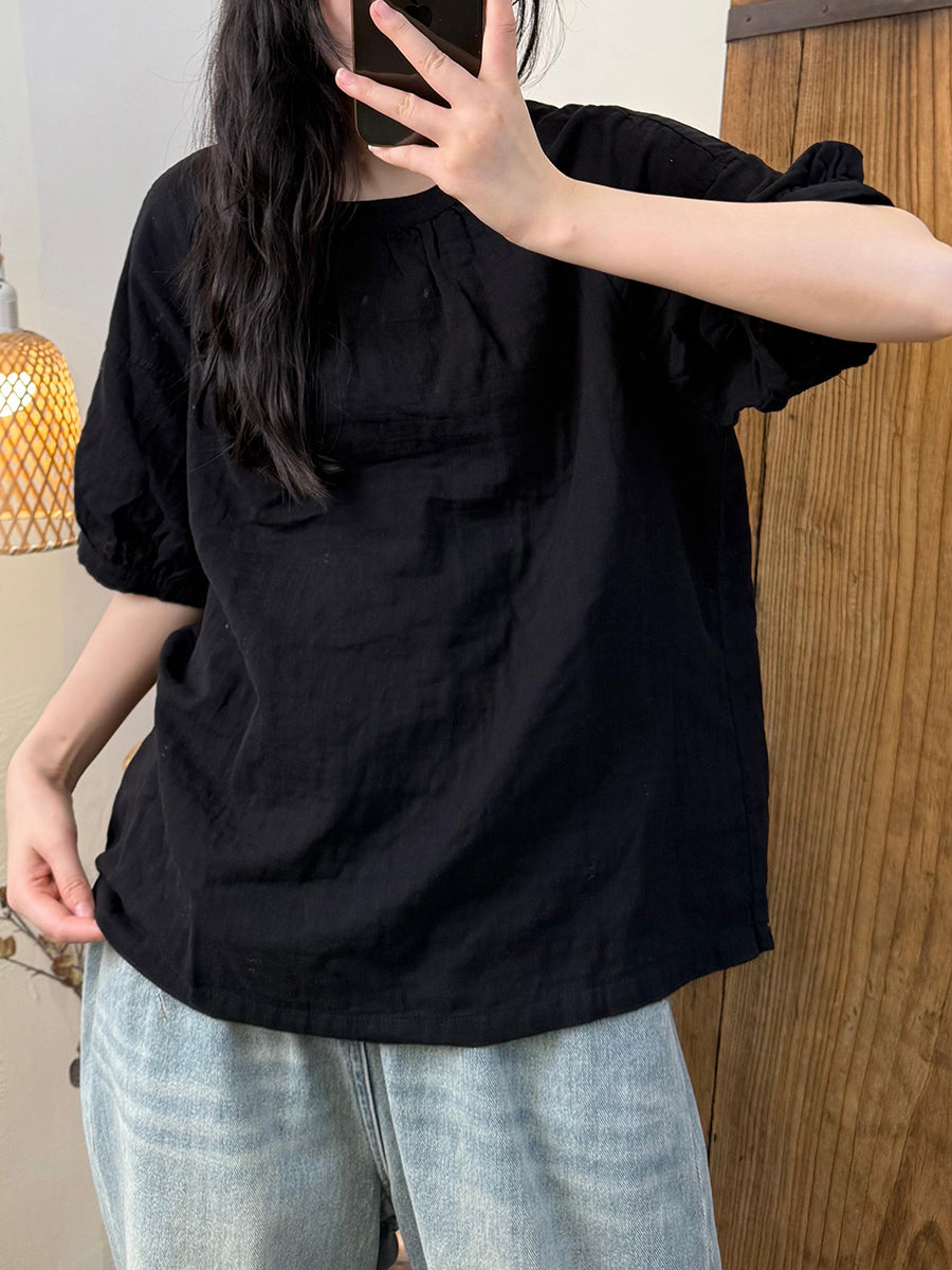 Women Summer Casual Pure Color Cotton O-Neck Shirt