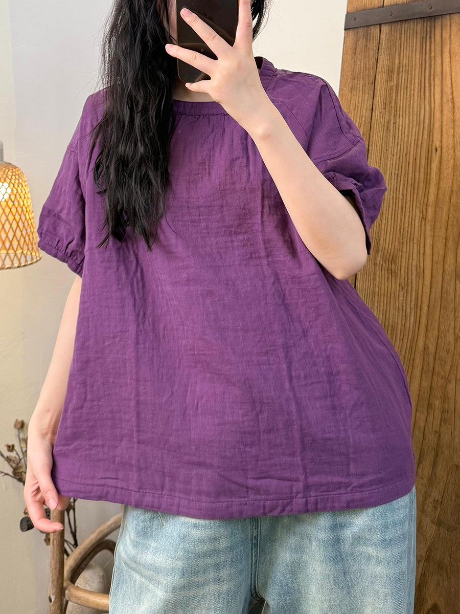 Women Summer Casual Pure Color Cotton O-Neck Shirt