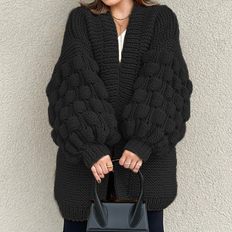 Retro Loose Puff Sleeves Thick Wool Knitted Cardigan