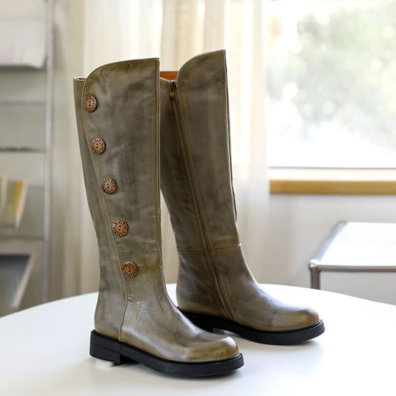 Women Leather Handmade Knee-Length Boots With Ziper Low Heel in Grey/Coffee