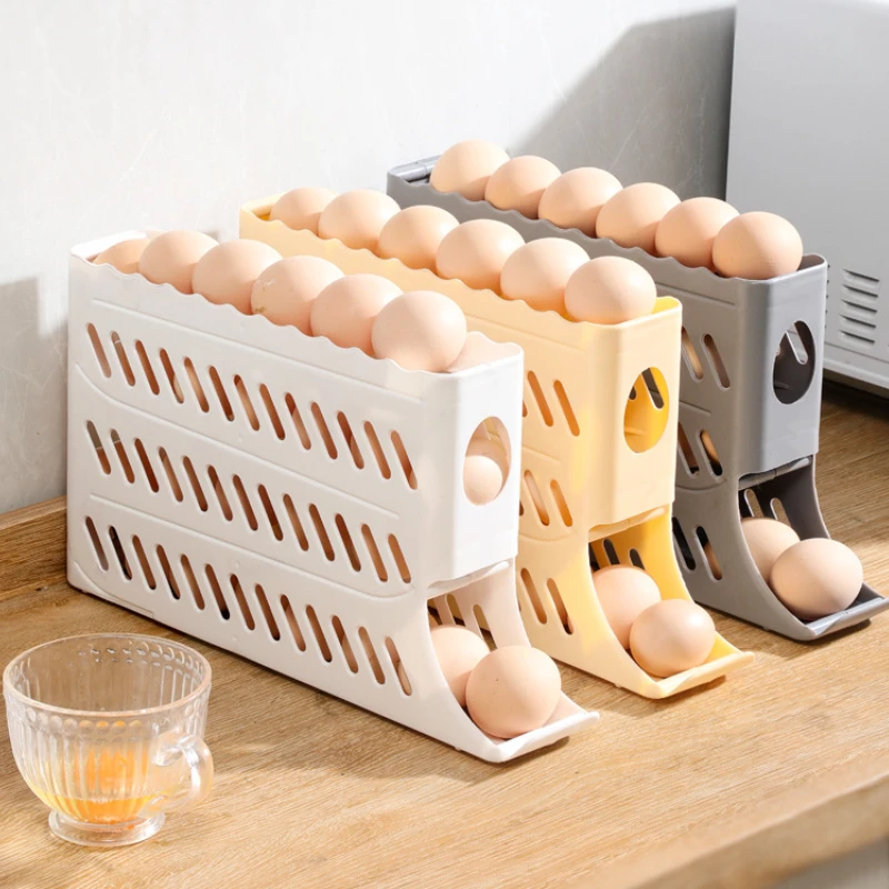 FF2324 4 Layer Rolling Egg Dispenser Kitchen Automatic Fridge Egg Roller Save Space Storage Rack Egg Holder for Refrigerator