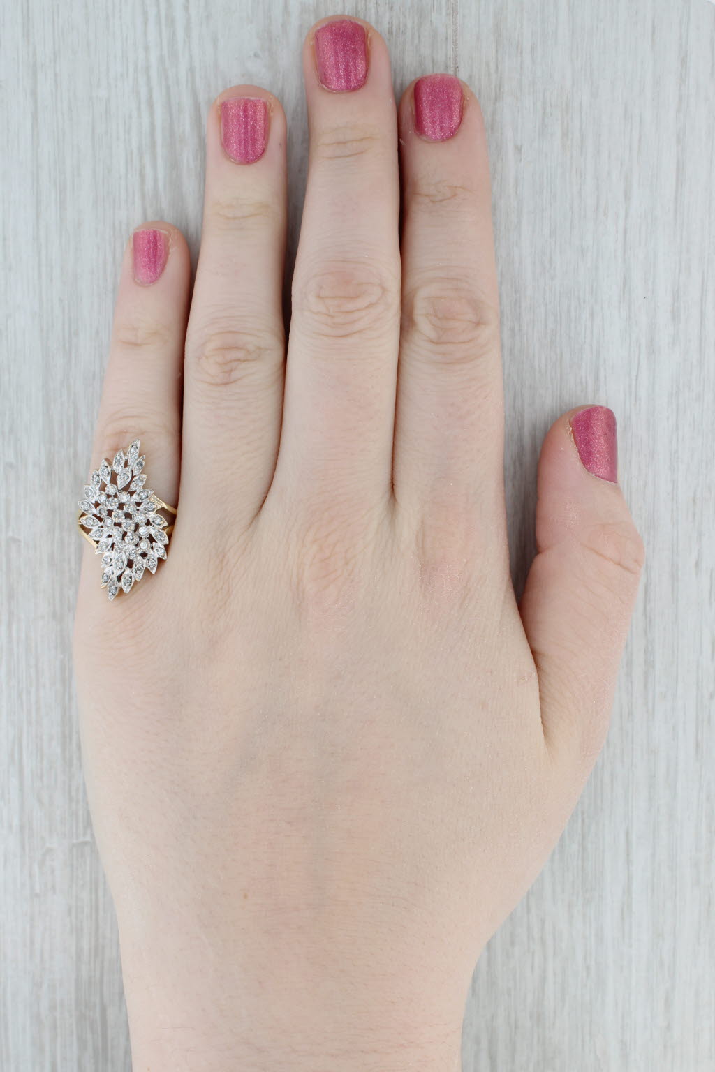 Floral Diamond Cluster Cocktail Ring 10k White Yellow Gold Size 6.75