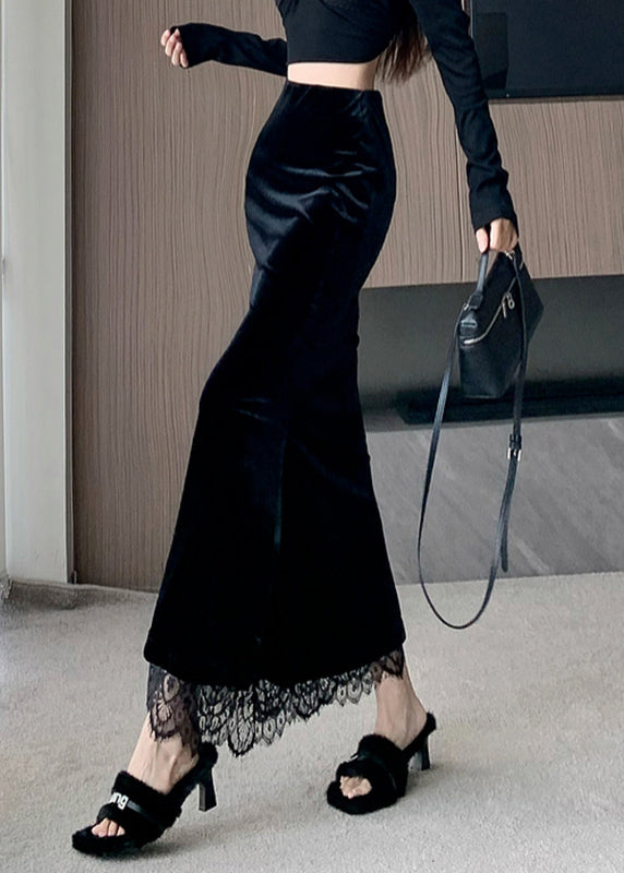 Stylish Black Lace Patchwork Silk Velvet Skirts Spring