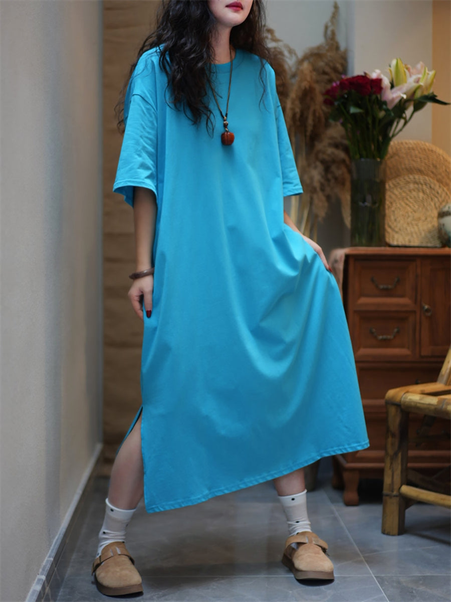Women Summer Casual Pure Color O-Neck Cotton Dress