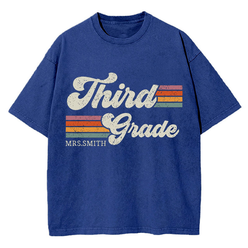 Personalized Grade And Name Retro Horizontal Stripes Teacher Washed T-Shirt