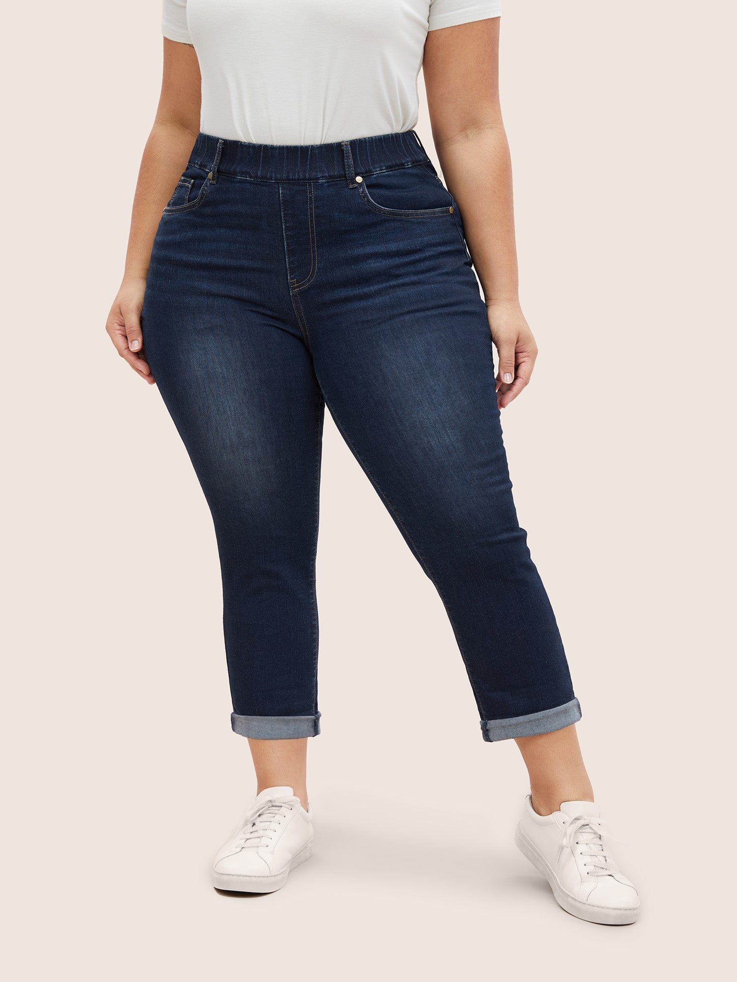Dark Wash Elastic Waist Roll Hem Jeans