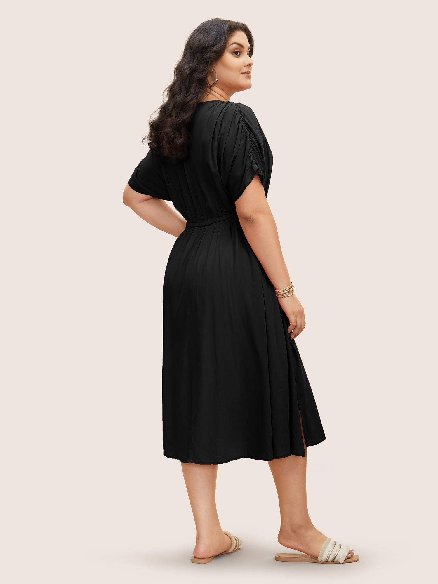 Solid Drawstring Gathered Dolman Sleeve Dress