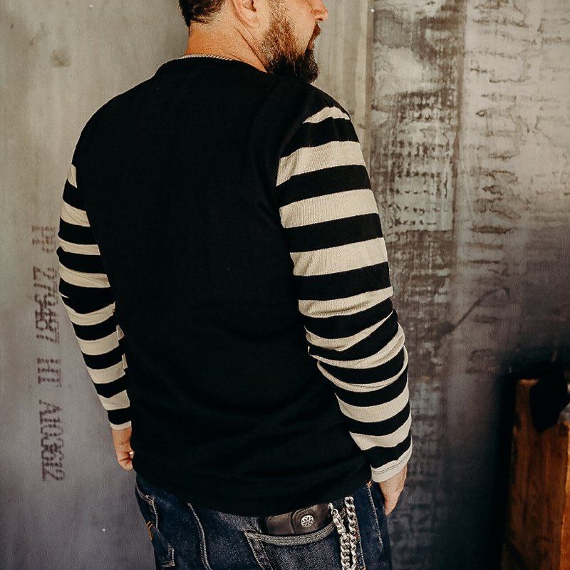 Classic Black And White Striped Patchwork Cotton Crew Neck Sweatshirt