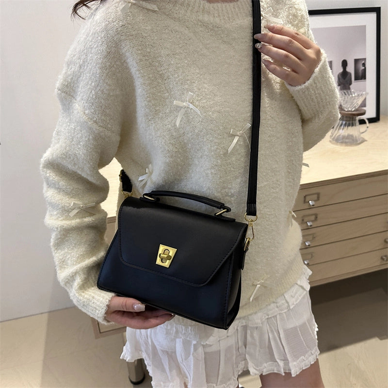 Women's Pu Leather Solid Color Basic Sewing Thread Square Lock Clasp Shoulder Bag Crossbody Bag