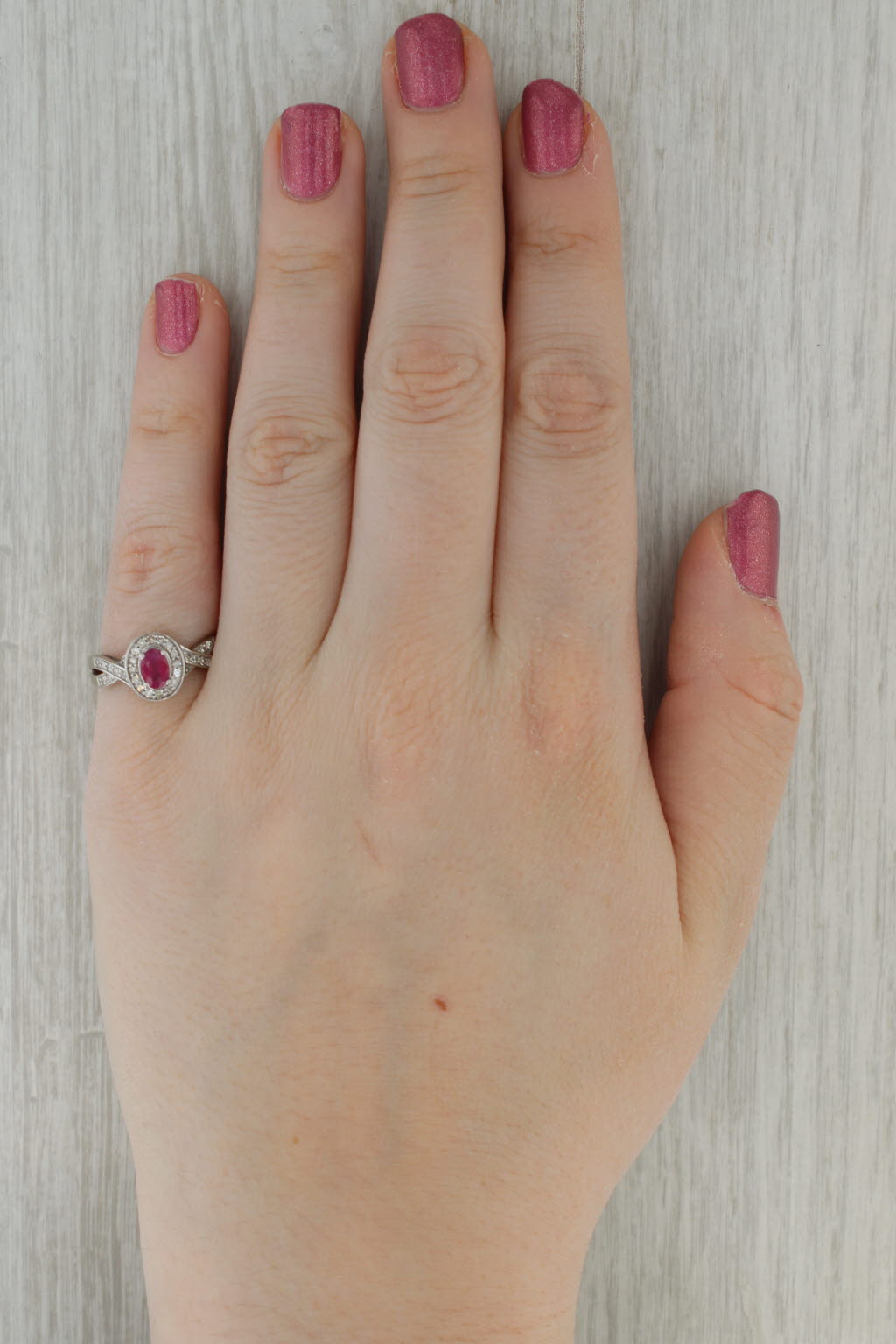 0.75ctw Oval Ruby Diamond Halo Ring 10k White Gold Size 7
