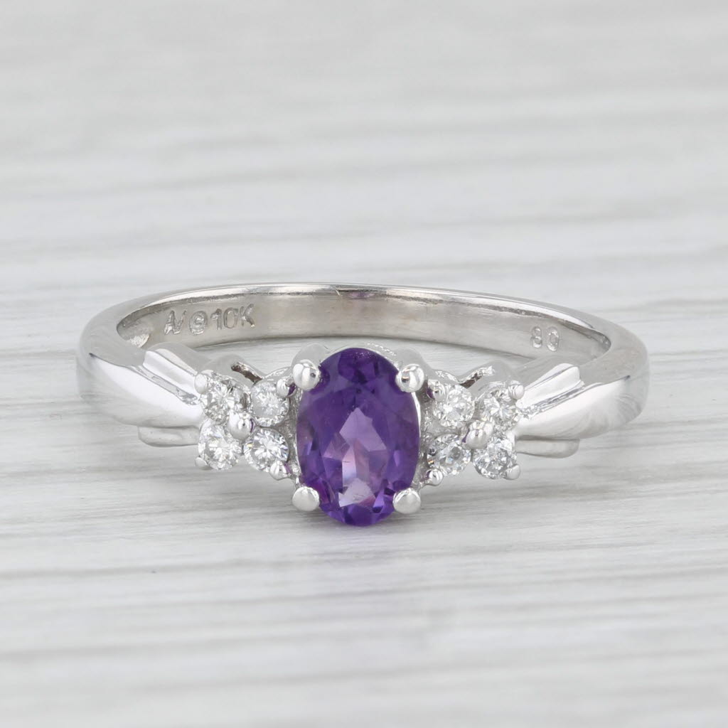 0.44ctw Oval Amethyst Diamond Ring 10k White Gold Size 5.75