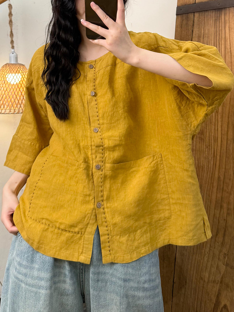 Women Summer Retro Pure Color O-Neck Linen Shirt
