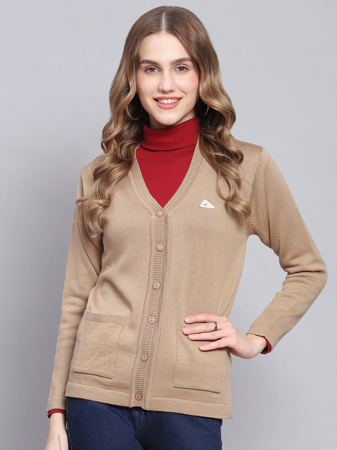 Women Camel Brown Solid V Neck Full Sleeve Cardigans