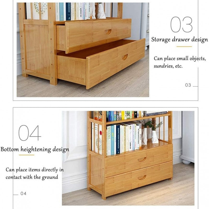 Wooden Bookshelf With Drawers Floor-Standing Display Shelf Storage Rack Organizer For Home Office