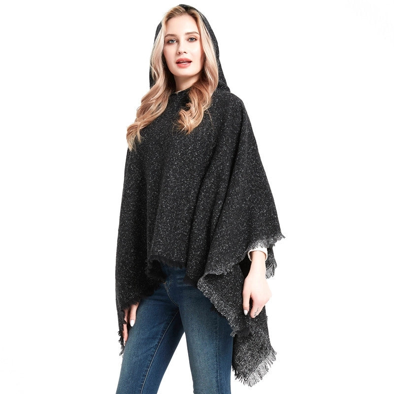 Direct Style New Shawl Ladies Autumn And Winter Flower Pure Black Pullover Hat Cape